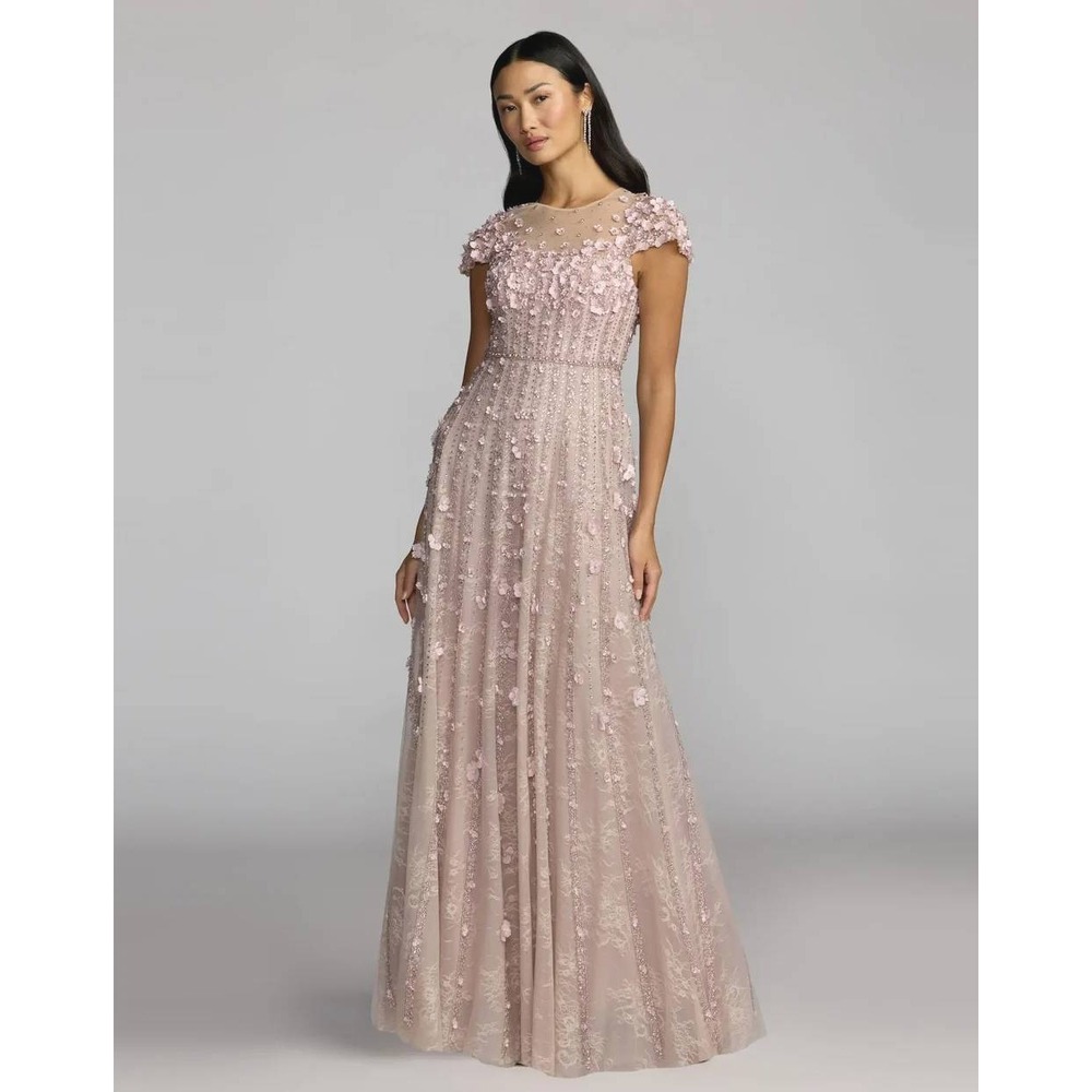 NWT Mac Duggal Pink Embellished Lace Illusion Neck A-Line Gown $1,798  - Size 10
